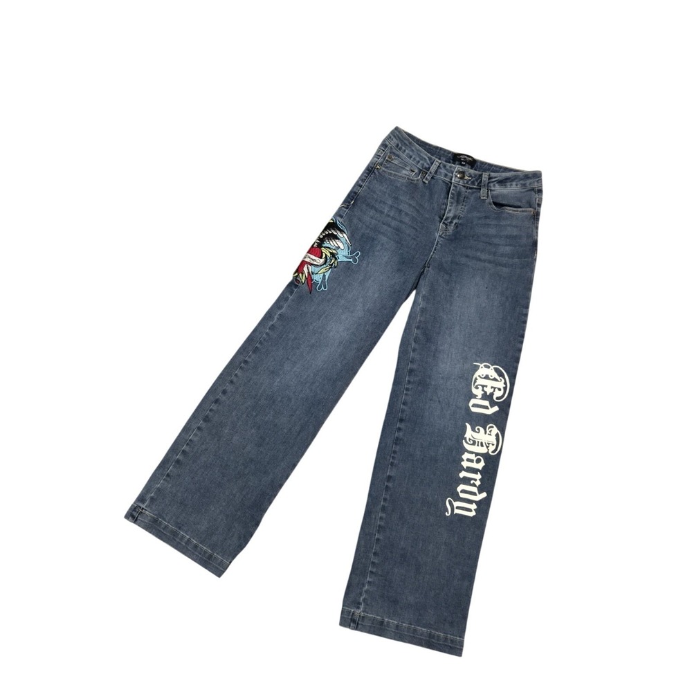 🔥Ed Hardy Embroidered Straight Blue Denim Womens Jeans Size 26 Regular 5-Pocket